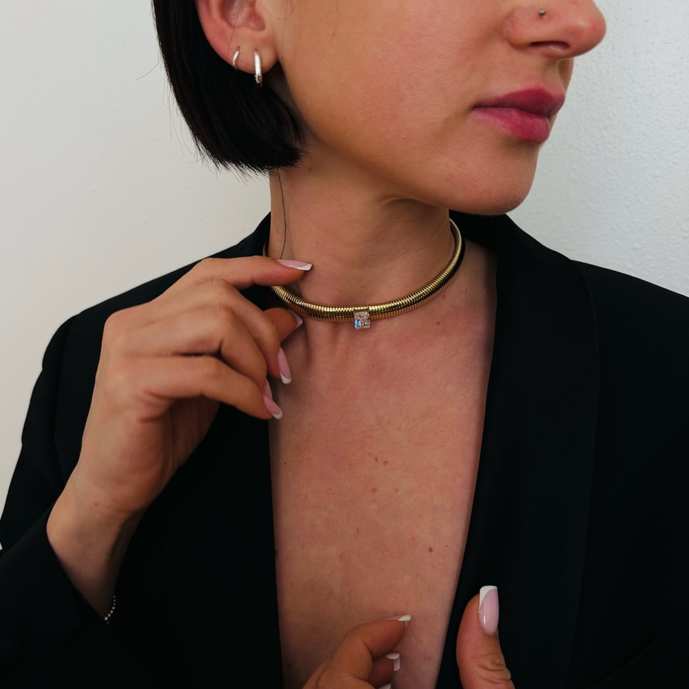 New Gold Minimalist Choker Necklace Polished Finish Thick Chain Cubic Zirconia